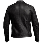 Black leather jacket shown from the back on a white background
