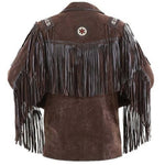 Brown suede fringe jacket with decorative emblem on a white background