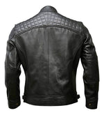 Black leather jacket with quilted shoulder design on a white background