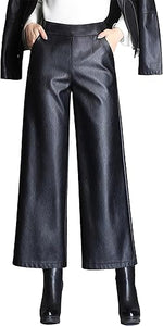 Black leather wide-leg pants worn by a person on a white background