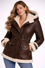 Women Leather Shearling Parka Jacket Hooded Fur Lined Winter Coat by Rustic Leathers