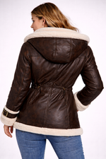 Women Hooded Shearling Leather Parka Jacket Back View
