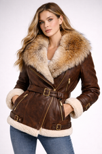 Women Shearling Leather Jacket with Fox Fur Collar Luxury Winter Coat by Rustic Leathers