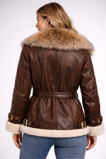 Women Leather Jacket with Fox Fur Collar Back View