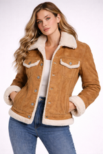 Women Suede Leather Trucker Shearling Jacket Fur Lined Winter Coat by Rustic Leathers