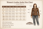 Women's leather jacket size chart with measurements and a person wearing the jacket.