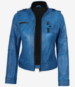 Blue leather jacket on a white background