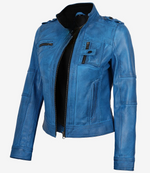 Blue leather jacket on a white background