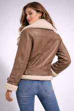 Women Belted Shearling Leather Jacket – Aviator Style Sheepskin Winter Coat
