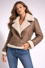 Women Belted Shearling Leather Jacket – Aviator Style Sheepskin Winter Coat