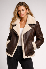 Women Aviator B3 Shearling Leather Jacket – Genuine Brown Sheepskin Fur Winter Coat