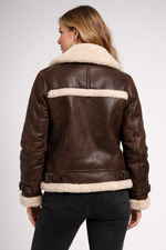 Women Aviator B3 Shearling Leather Jacket – Genuine Brown Sheepskin Fur Winter Coat
