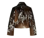 Brown leather jacket with white abstract pattern on a white background