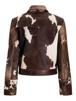 Brown and white cowhide leather jacket on a white background