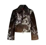 Brown leather jacket with white abstract pattern on a white background