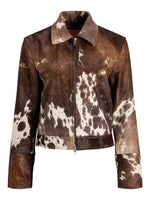 Brown and white cowhide patterned jacket on a white background