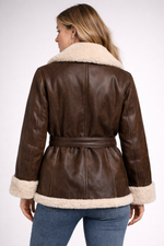 Women Kimono Style Shearling Leather Jacket Genuine Fur Belted Winter Coat by Rustic Leathers