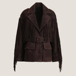 Brown suede jacket with fringes on a beige background