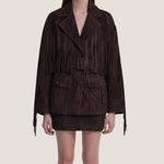 Brown suede jacket with fringe details on a neutral background