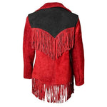 Women Red & Black Suede Leather Fringe Jacket – American Native Inspired Western Style Coat
