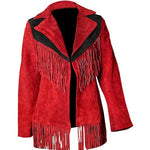 Women Red & Black Suede Leather Fringe Jacket – American Native Inspired Western Style Coat