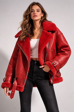 Women Oversized Red Shearling Leather Jacket – Aviator Style Winter Coat