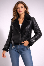 Women Moto Shearling Leather Jacket –  Biker Sheepskin Winter Coat