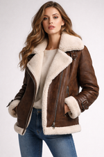 Woman wearing a brown leather jacket with white fur lining on a white background