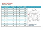 Women's size chart for a jacket with measurements in inches.