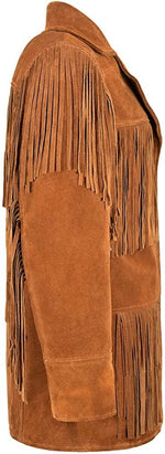 Women’s Tan Brown Western Style Suede Leather Coat – Fringed Jacket with Button Closure