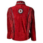 Red suede jacket with fringes and a central emblem on a white background