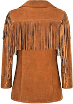 Women’s Tan Brown Western Style Suede Leather Coat – Fringed Jacket with Button Closure