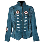Blue suede jacket with fringe and decorative elements on a white background