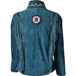 Blue suede jacket with fringe details and a decorative patch on a white background