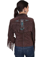 Brown suede jacket with fringe and decorative elements on a white background