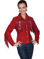 Woman wearing a red fringed jacket on a white background