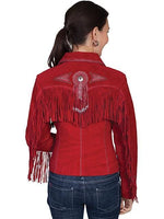 Red fringed jacket with decorative elements on a white background