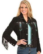 Woman wearing a black fringed jacket with decorative elements on a white background
