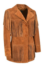 Women’s Tan Brown Western Style Suede Leather Coat – Fringed Jacket with Button Closure