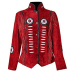 Red suede jacket with fringe and decorative elements on a white background