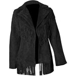 Black suede jacket with fringe details on a white background