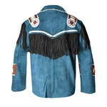 Blue leather jacket with fringes and decorative elements on a white background