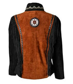 Brown suede jacket with black leather sleeves and fringes on a white background