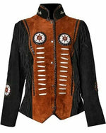 Black and brown leather jacket with fringe and decorative elements on a white background