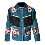 Blue western-style jacket with fringes and patterns on a white background